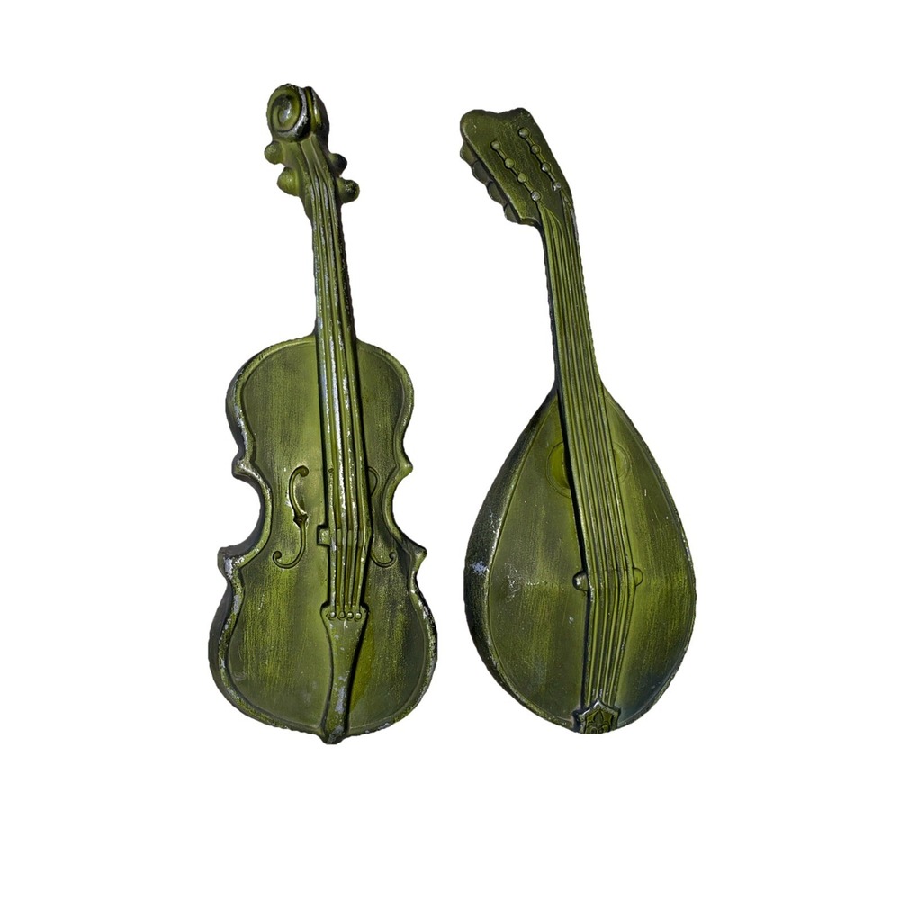 Vintage Mid Century ROYAL Cast Aluminum Green Violin & Fiddle Wall Décor Set